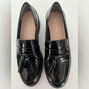 Stuart Weitzman black patent leather tassel Adriana loafer